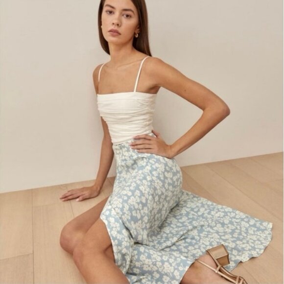 Reformation Zoe Midi Skirt Blue Floral Slit Front Women’s Size 2 - Picture 1 of 9